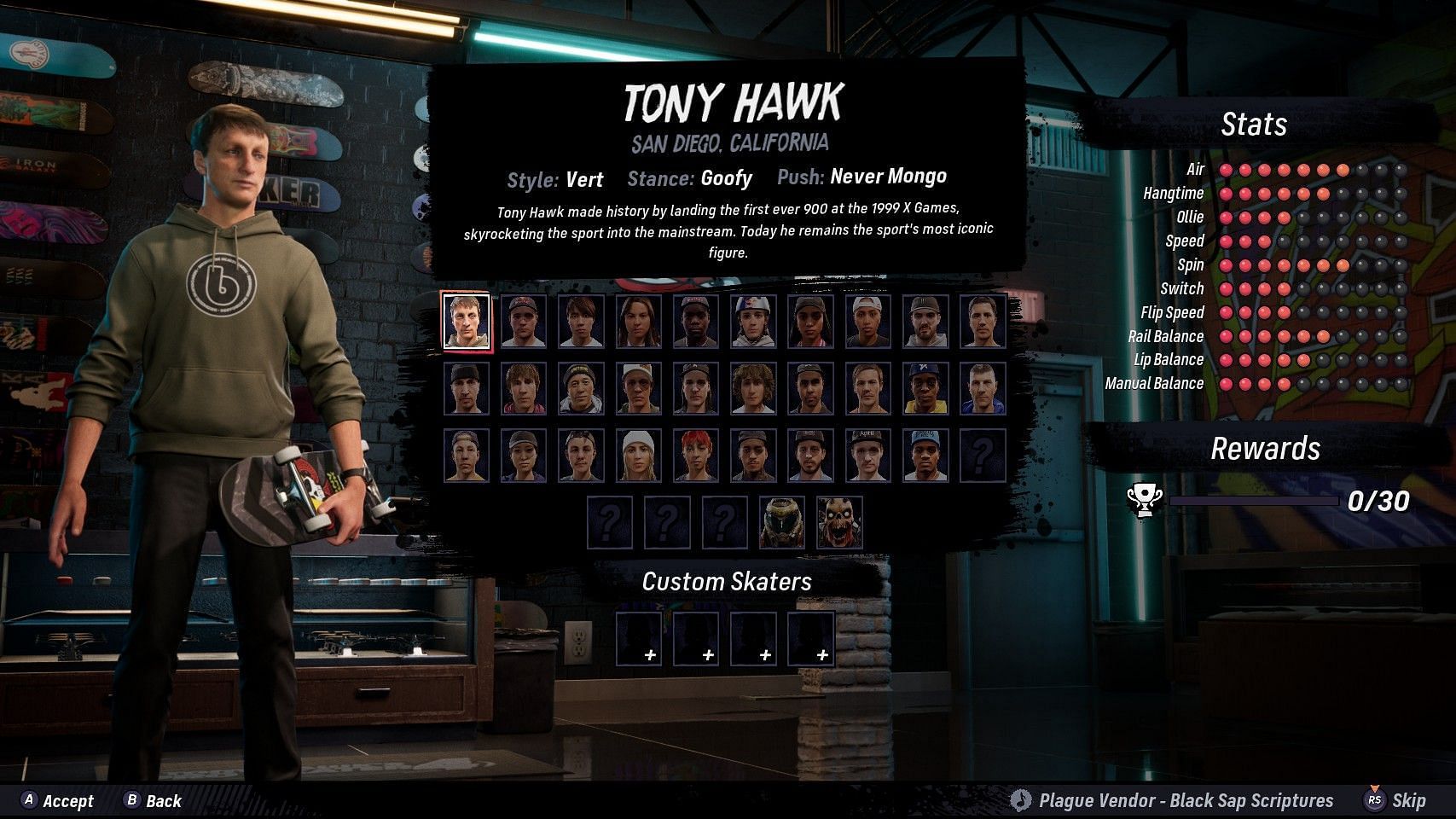 Players can select their Skater of choice from the Skater menu (Image via Activision)